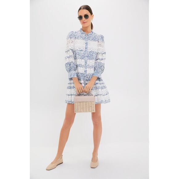 HYACINTH HOUSE Lace Trim Blue Etched Floral Emmie Mini Dress Size M NWT - Picture 7 of 8